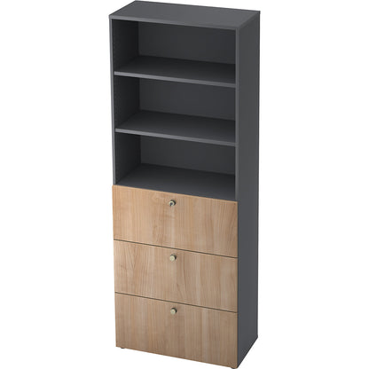 Combination cupboards, 2 shelves, 3 suspension file drawers, graphite / walnut finish.