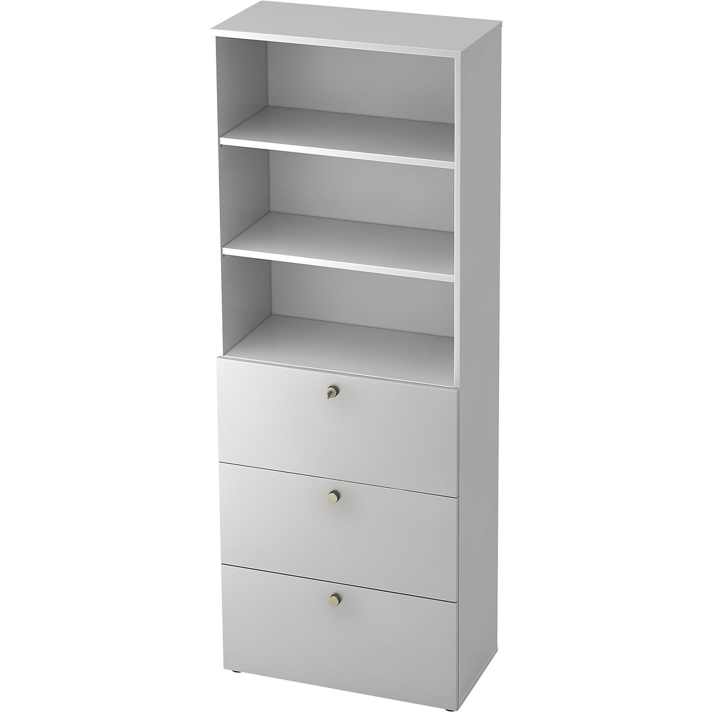 Combination cupboards, 2 shelves, 3 suspension file drawers, white / aluminium silver.