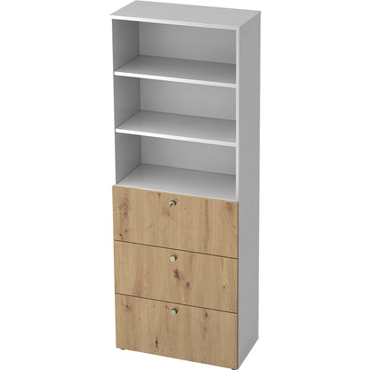 Combination cupboards, 2 shelves, 3 suspension file drawers, white / knotty oak.