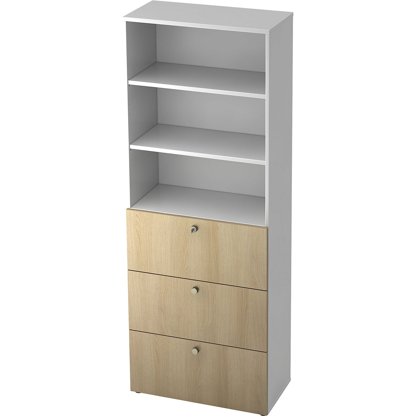 Combination cupboards, 2 shelves, 3 suspension file drawers, white / oak.