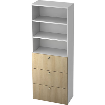 Combination cupboards, 2 shelves, 3 suspension file drawers, white / oak.