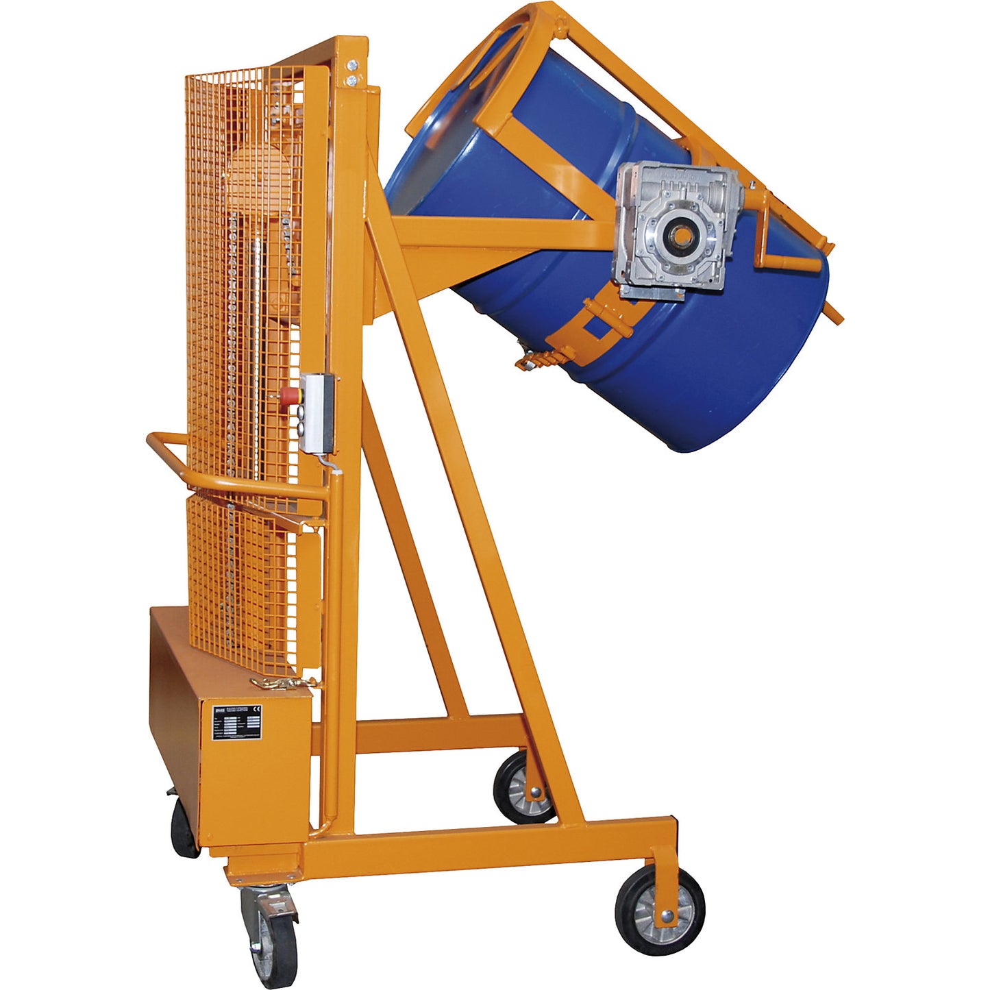 Liftomat L/E drum lifting and tilting unit, lifting height 1100 mm, max. load 350 kg, yellow orange.