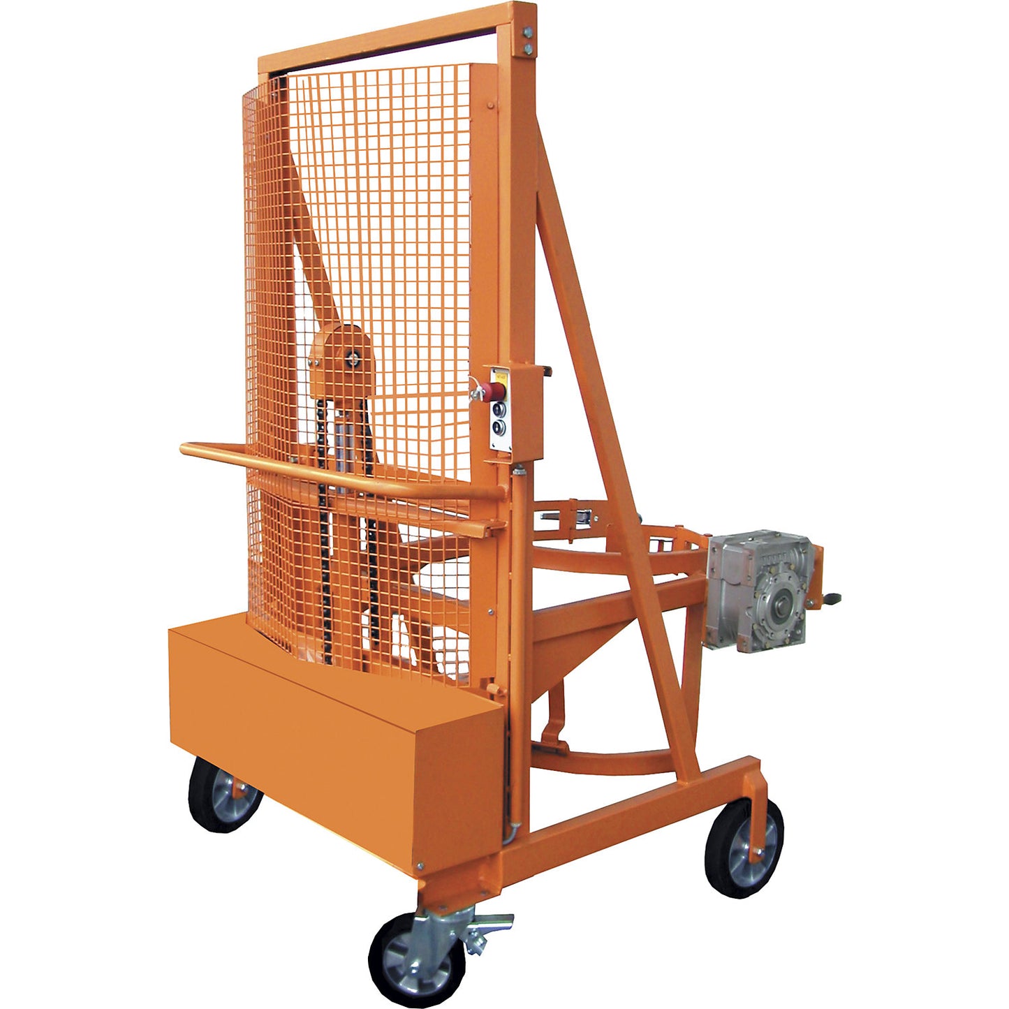 Liftomat L/E drum lifting and tilting unit, lifting height 1100 mm, max. load 350 kg, yellow orange.