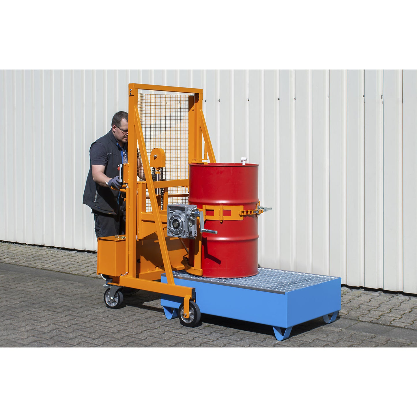 Liftomat L/E drum lifting and tilting unit, lifting height 1100 mm, max. load 350 kg, yellow orange.