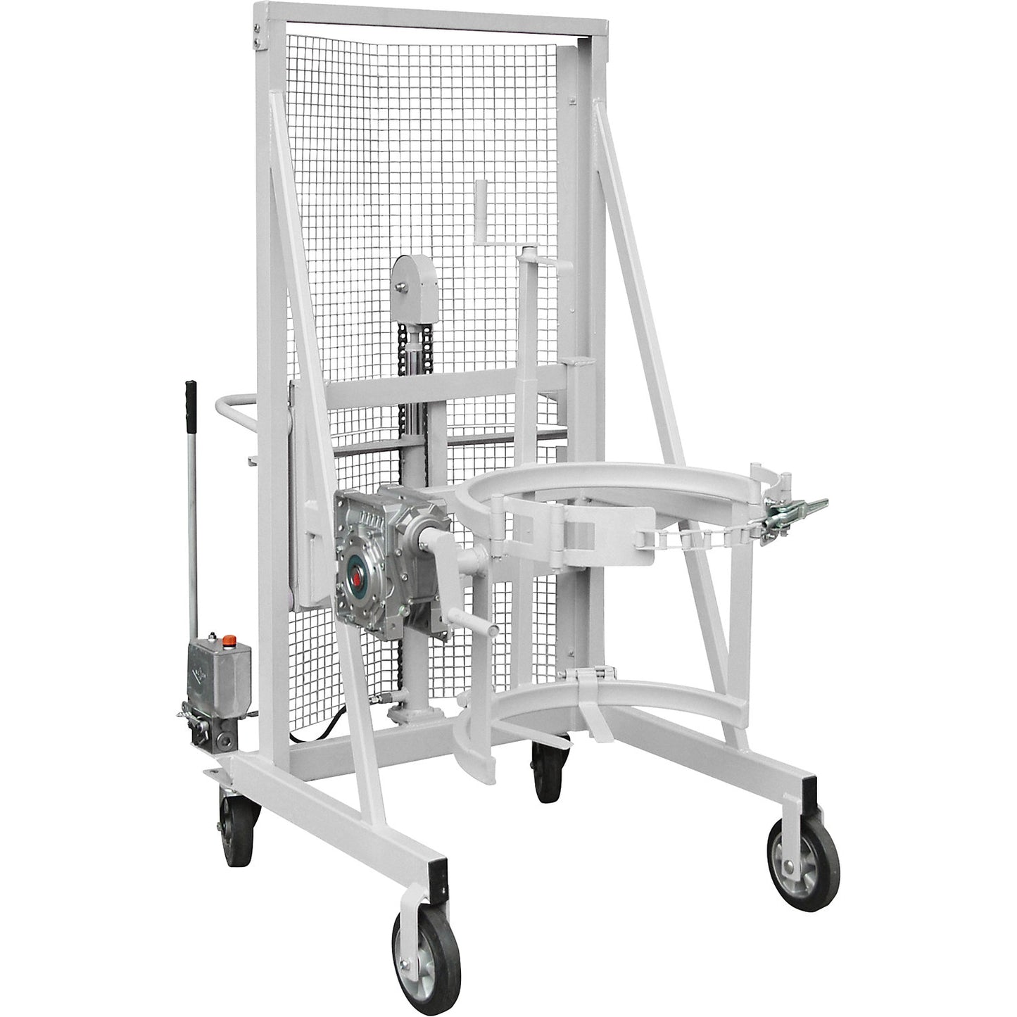 Liftomat L/M drum lifting and tilting unit, lifting height 1100 mm, max. load 350 kg, zinc plated.