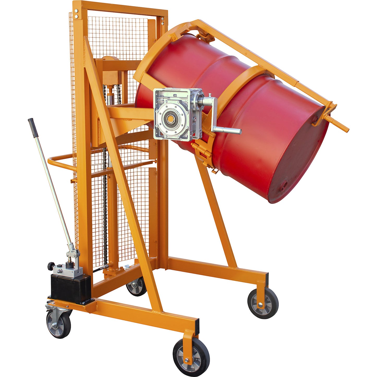 Liftomat L/M drum lifting and tilting unit, lifting height 1100 mm, max. load 350 kg, yellow orange.