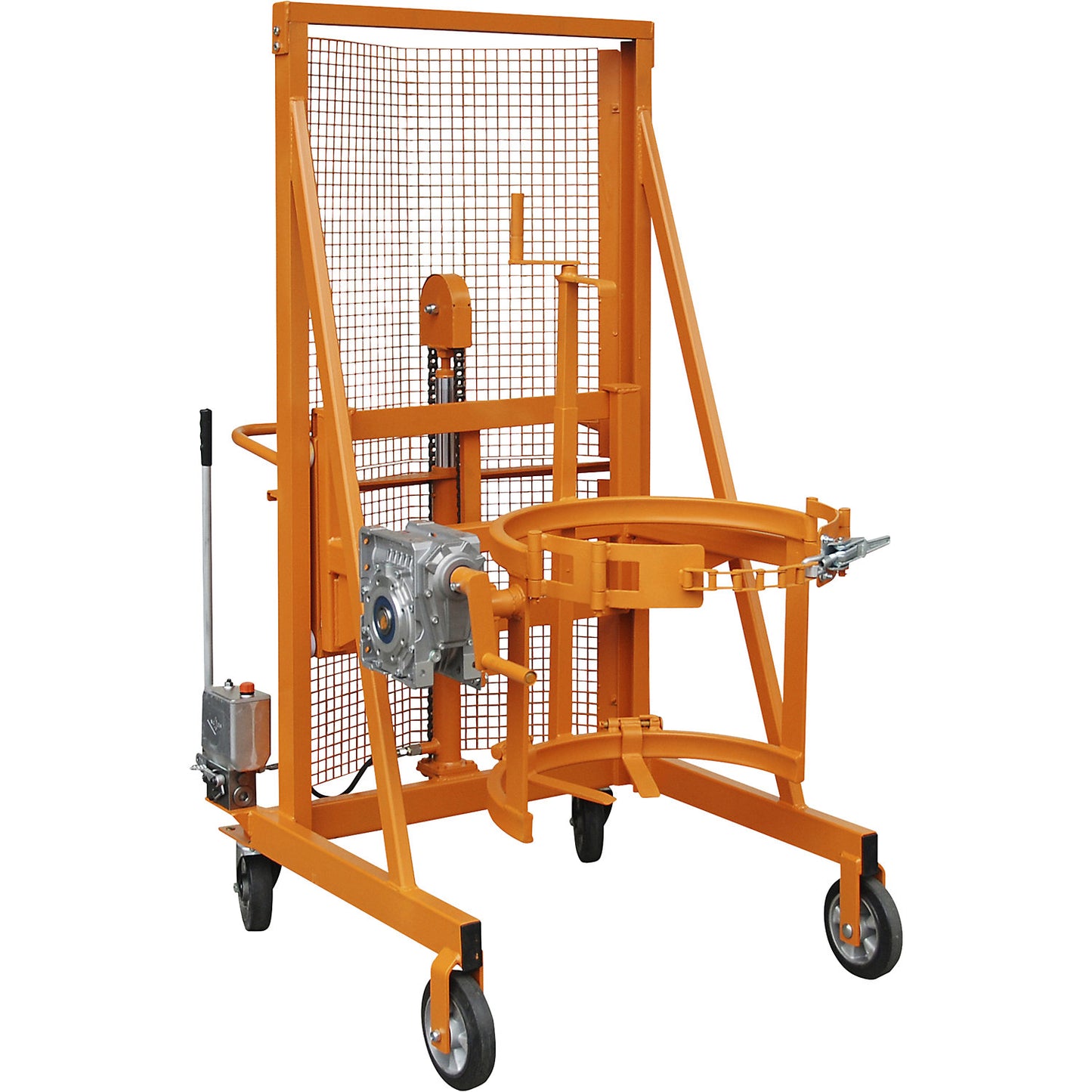 Liftomat L/M drum lifting and tilting unit, lifting height 1100 mm, max. load 350 kg, yellow orange.