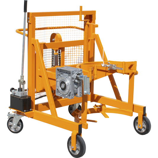 Liftomat L/M drum lifting and tilting unit, lifting height 450 mm, max. load 350 kg, yellow orange.
