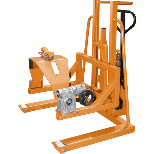 FHR 600 F drum mover, with prism and tension strap, lifting height 600 mm, yellow orange.