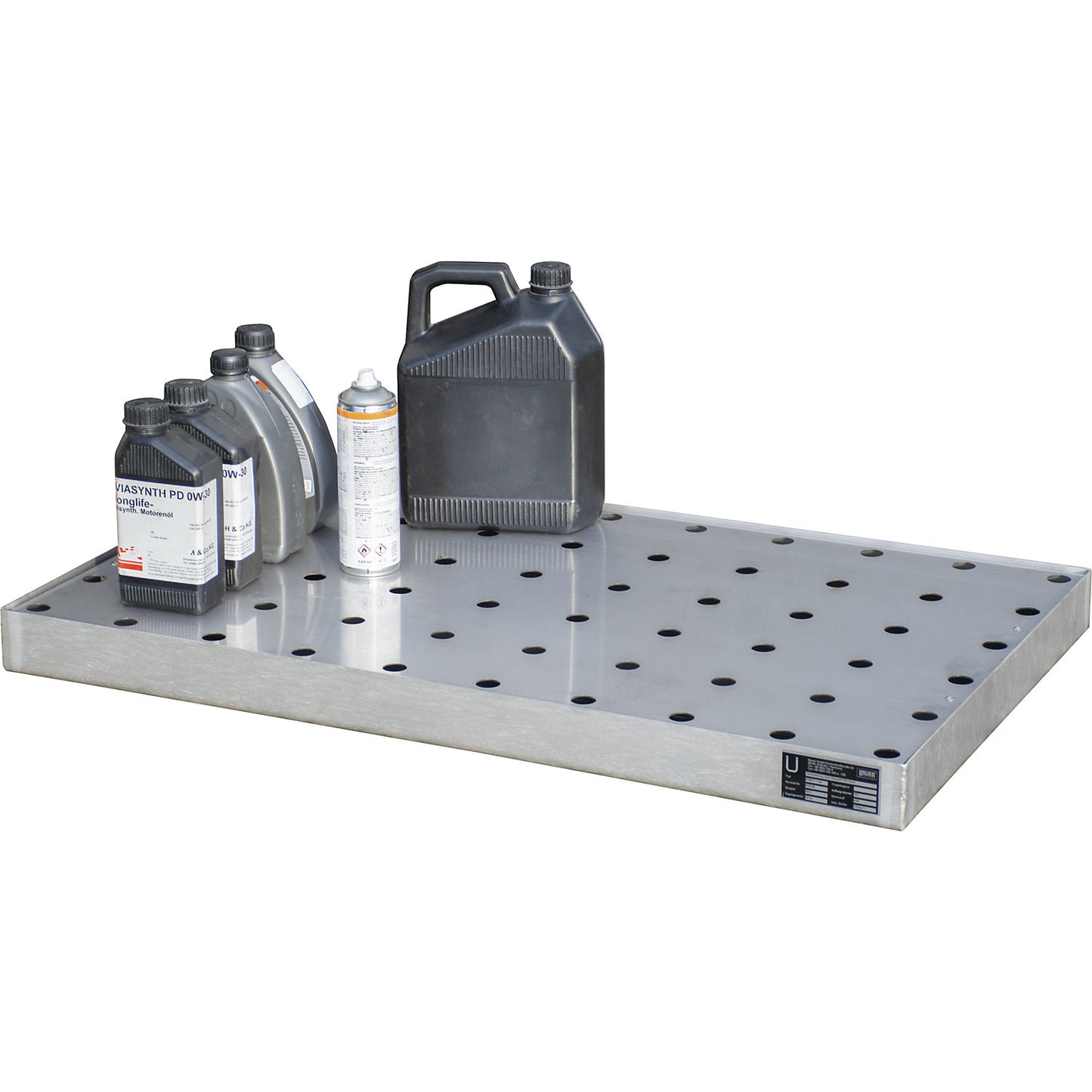 Small container tray, made of stainless steel, capacity 27 l, with perforated stainless steel grate.