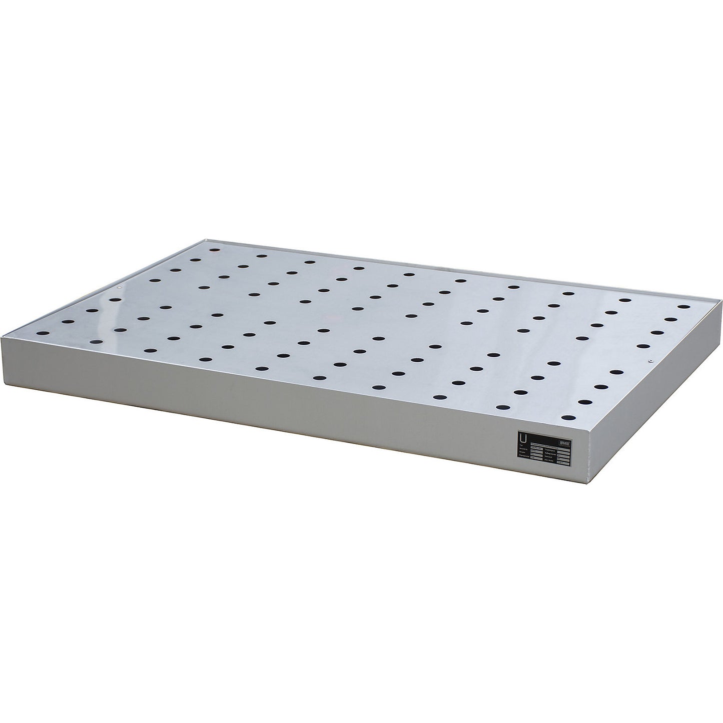 Small container tray for pallets, made of stainless steel, capacity 68 l, with perforated stainless steel grate.