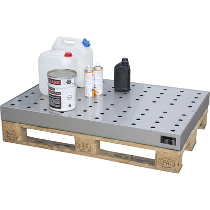 Small container tray for pallets, made of stainless steel, capacity 68 l, with perforated stainless steel grate.