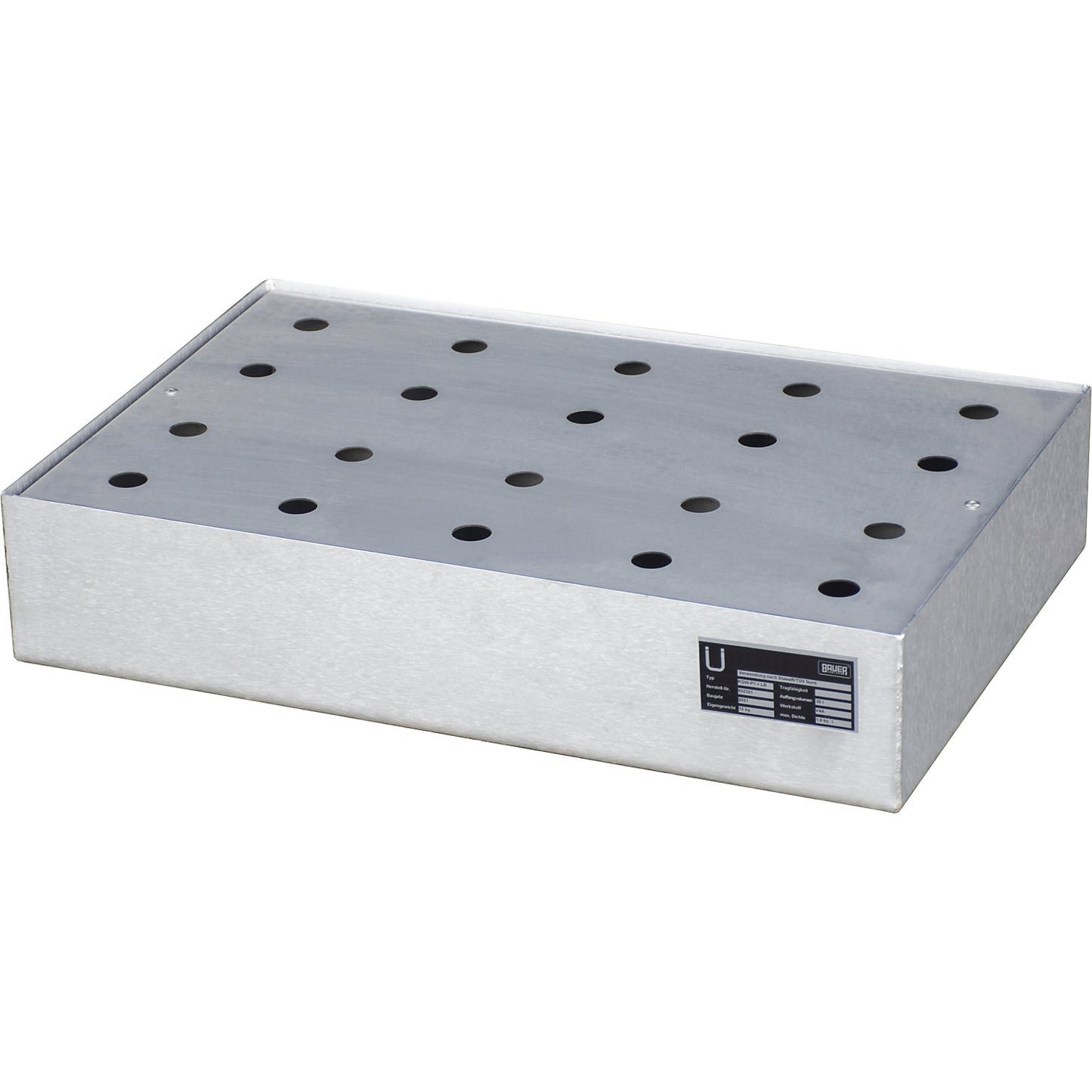 Small container tray for pallets, made of stainless steel, capacity 22 l, with perforated stainless steel grate.