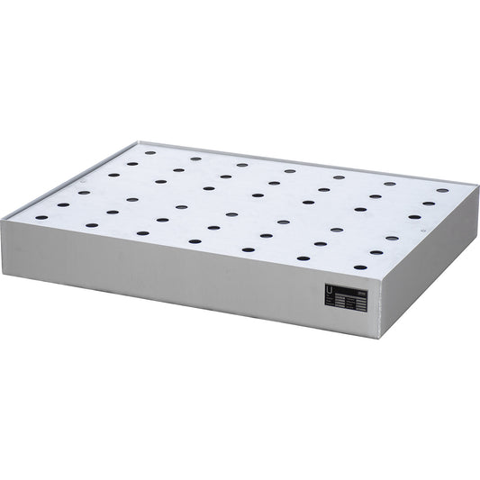 Small container tray for pallets, made of stainless steel, capacity 45 l, with perforated stainless steel grate.