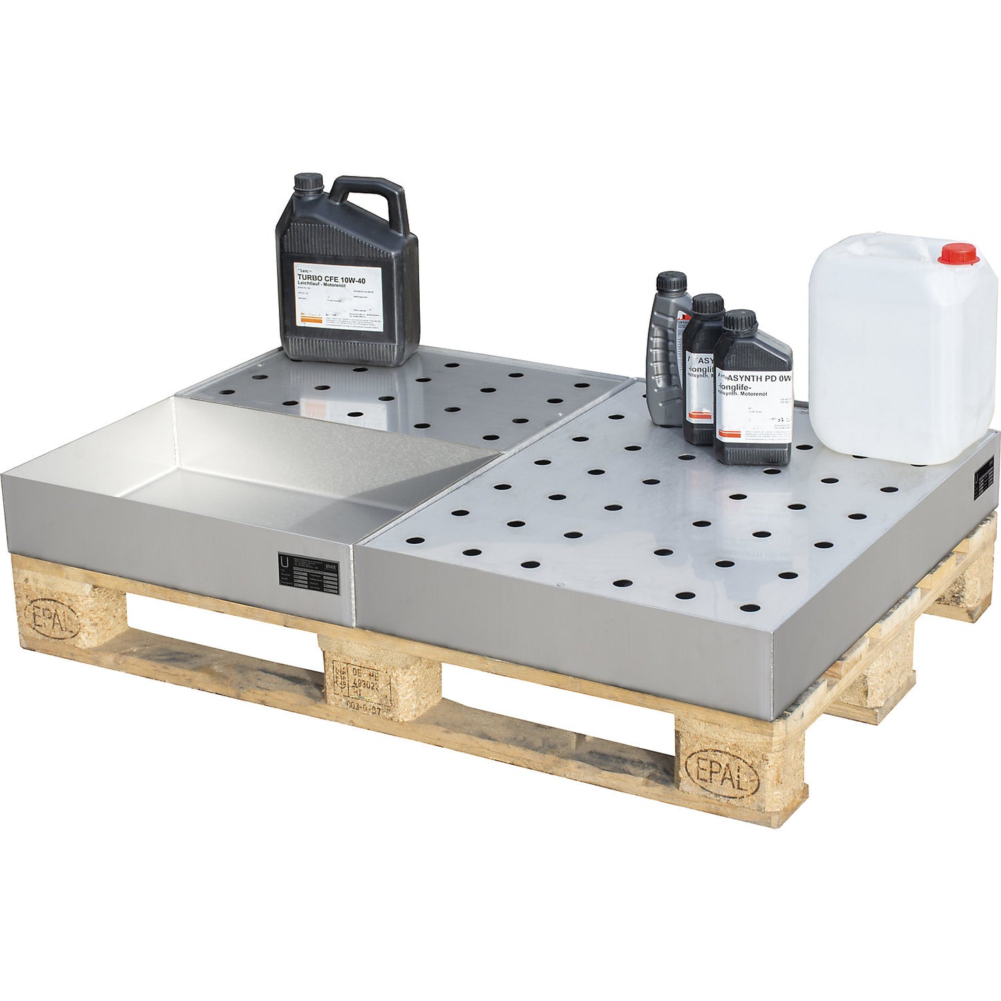 Small container tray for pallets, made of stainless steel, capacity 22 l, with perforated stainless steel grate.