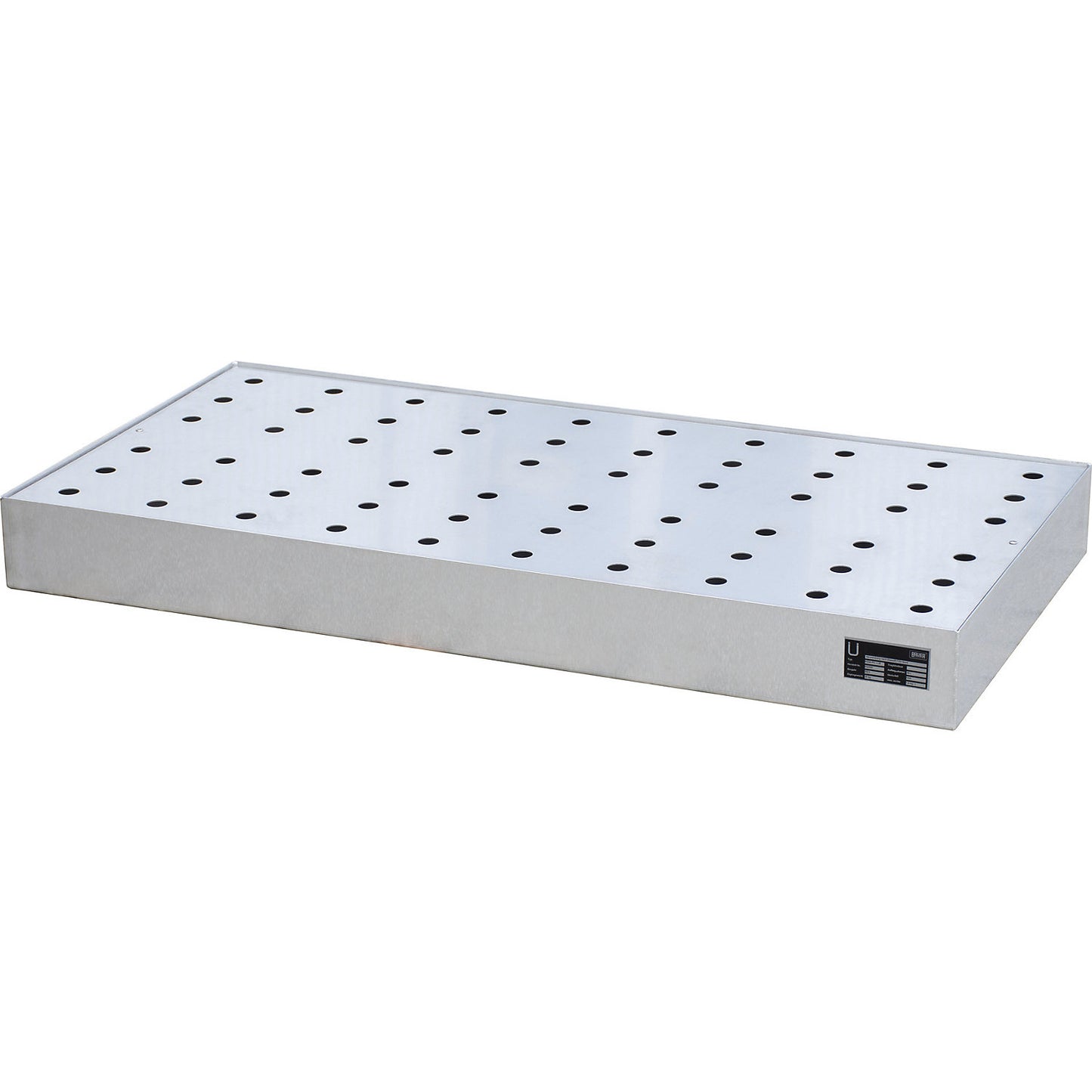 Small container tray for pallets, made of stainless steel, capacity 72 l, with perforated stainless steel grate.