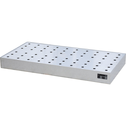 Small container tray for pallets, made of stainless steel, capacity 72 l, with perforated stainless steel grate.
