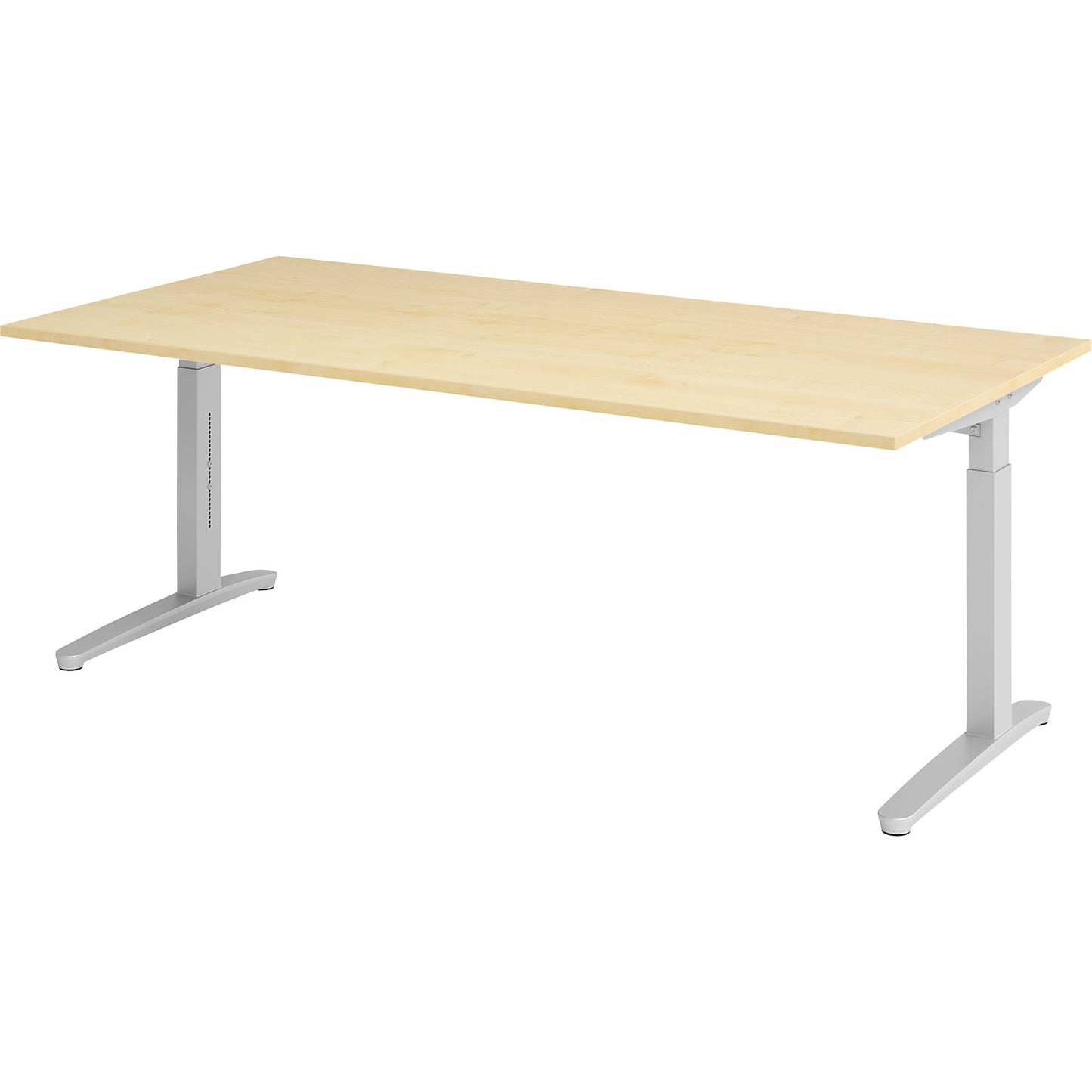 ANNY - Desk with C-foot frame, height adjustable 650 - 850 mm, width 2000 mm, aluminium silver / maple.