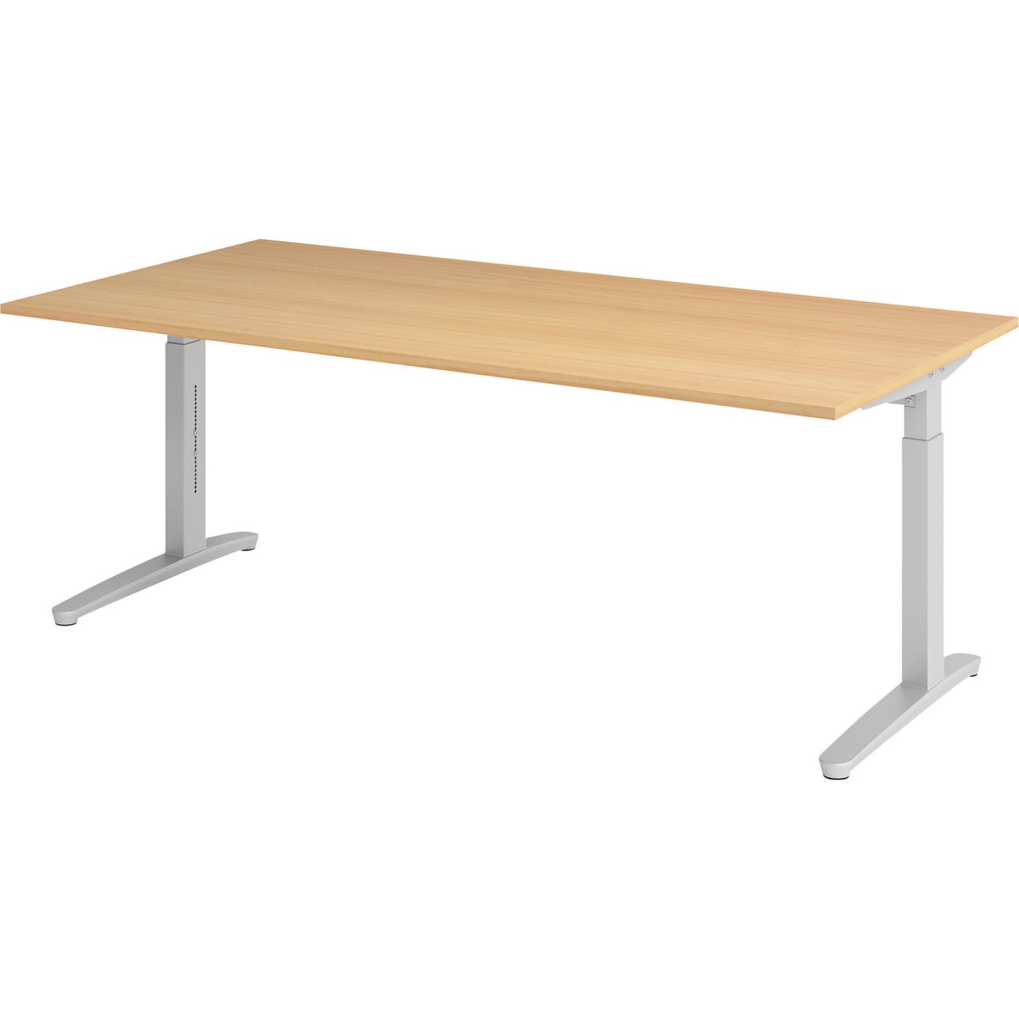 ANNY - Desk with C-foot frame, height adjustable 650 - 850 mm, width 2000 mm, aluminium silver / beech.