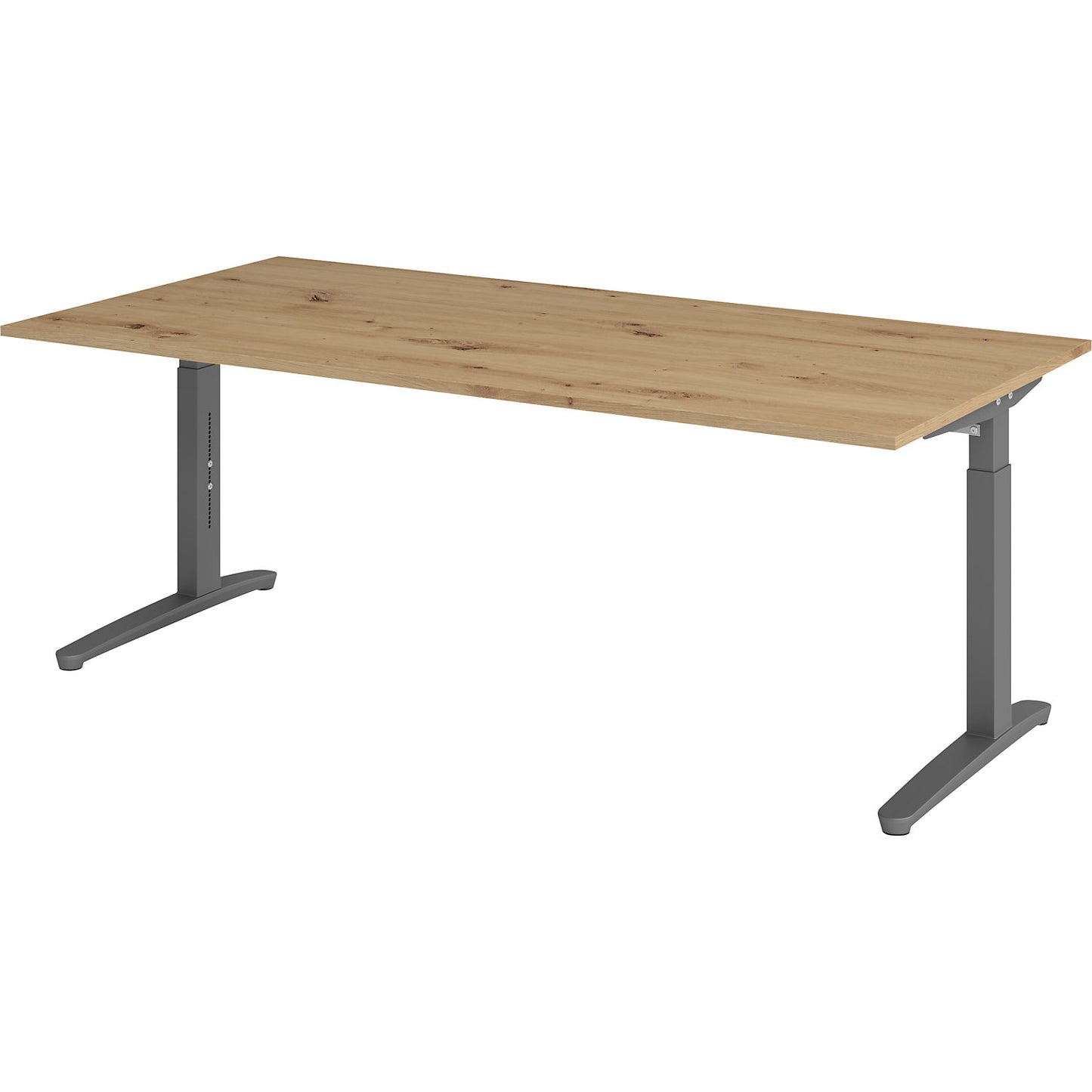 ANNY - Desk with C-foot frame, height adjustable 650 - 850 mm, width 2000 mm, graphite / knotty oak.