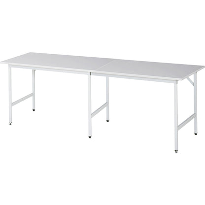 Work table, height adjustable, frame 30 x 30 mm, melamine coated panel, WxD 2500 x 800 mm, light grey.