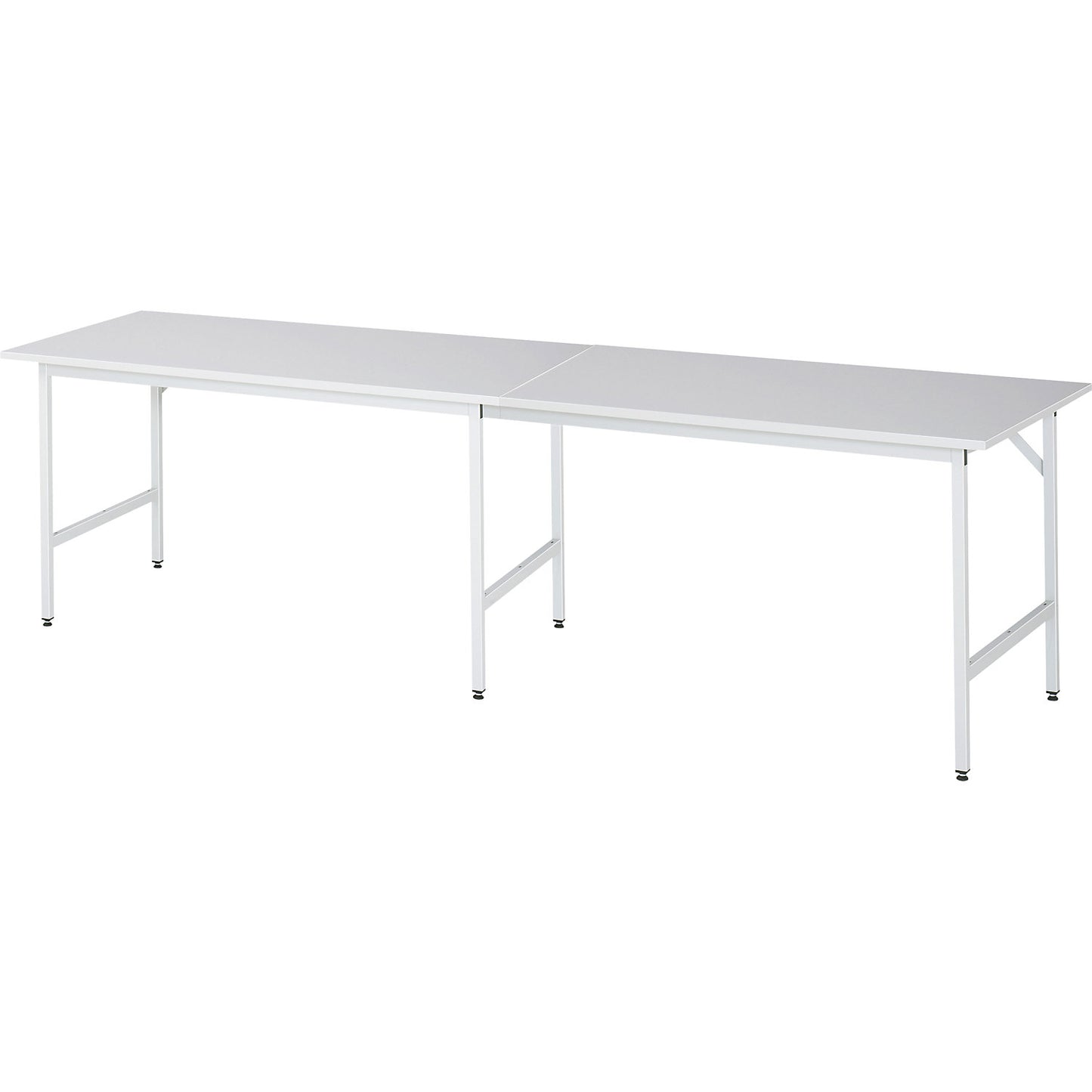 Work table, height adjustable, frame 30 x 30 mm, melamine coated panel, WxD 3000 x 800 mm, light grey.