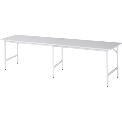 Work table, height adjustable, frame 30 x 30 mm, melamine coated panel, WxD 3000 x 800 mm, light grey.