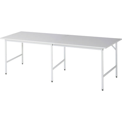 Work table, height adjustable, frame 30 x 30 mm, melamine coated panel, WxD 2500 x 1000 mm, light grey.