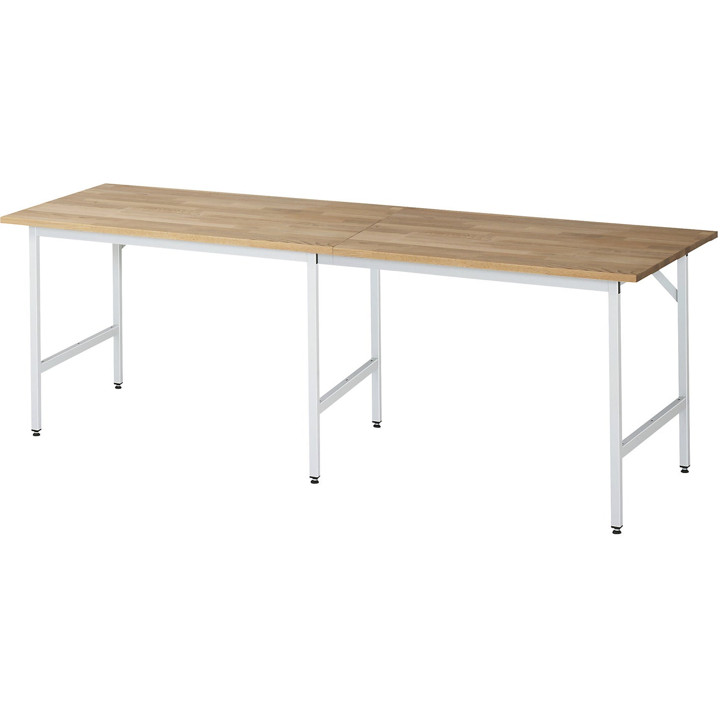 Work table, height adjustable, frame 30 x 30 mm, solid beech panel, WxD 2500 x 800 mm, light grey.