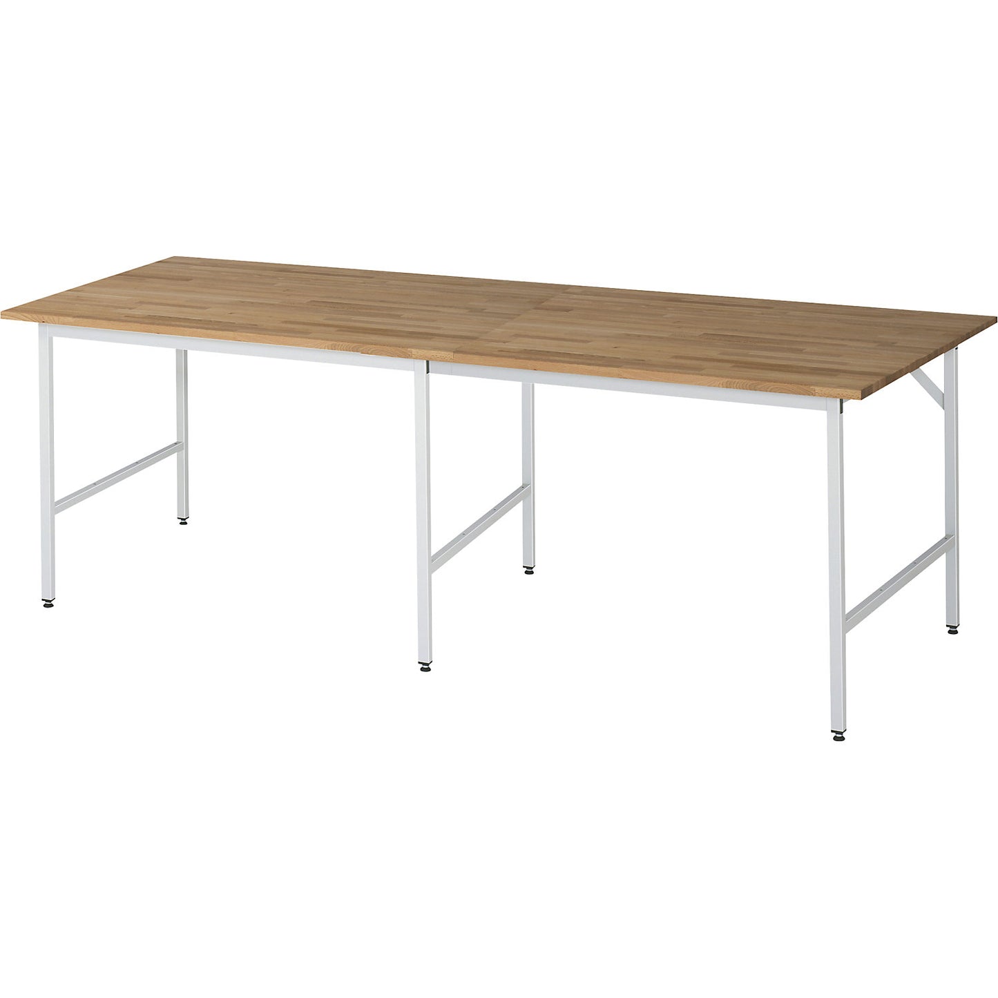 Work table, height adjustable, frame 30 x 30 mm, solid beech panel, WxD 2500 x 1000 mm, light grey.