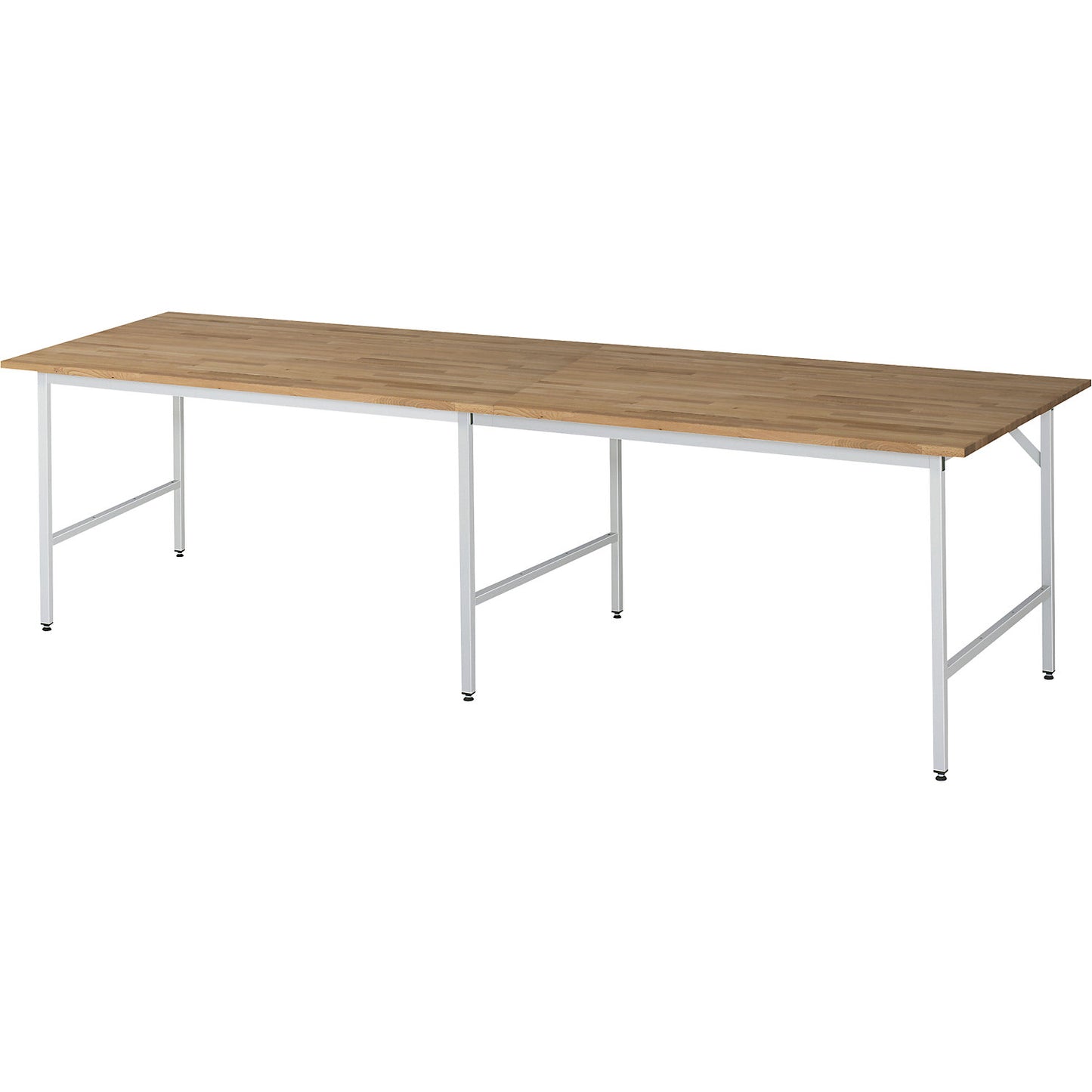 Work table, height adjustable, frame 30 x 30 mm, solid beech panel, WxD 3000 x 1000 mm, light grey.