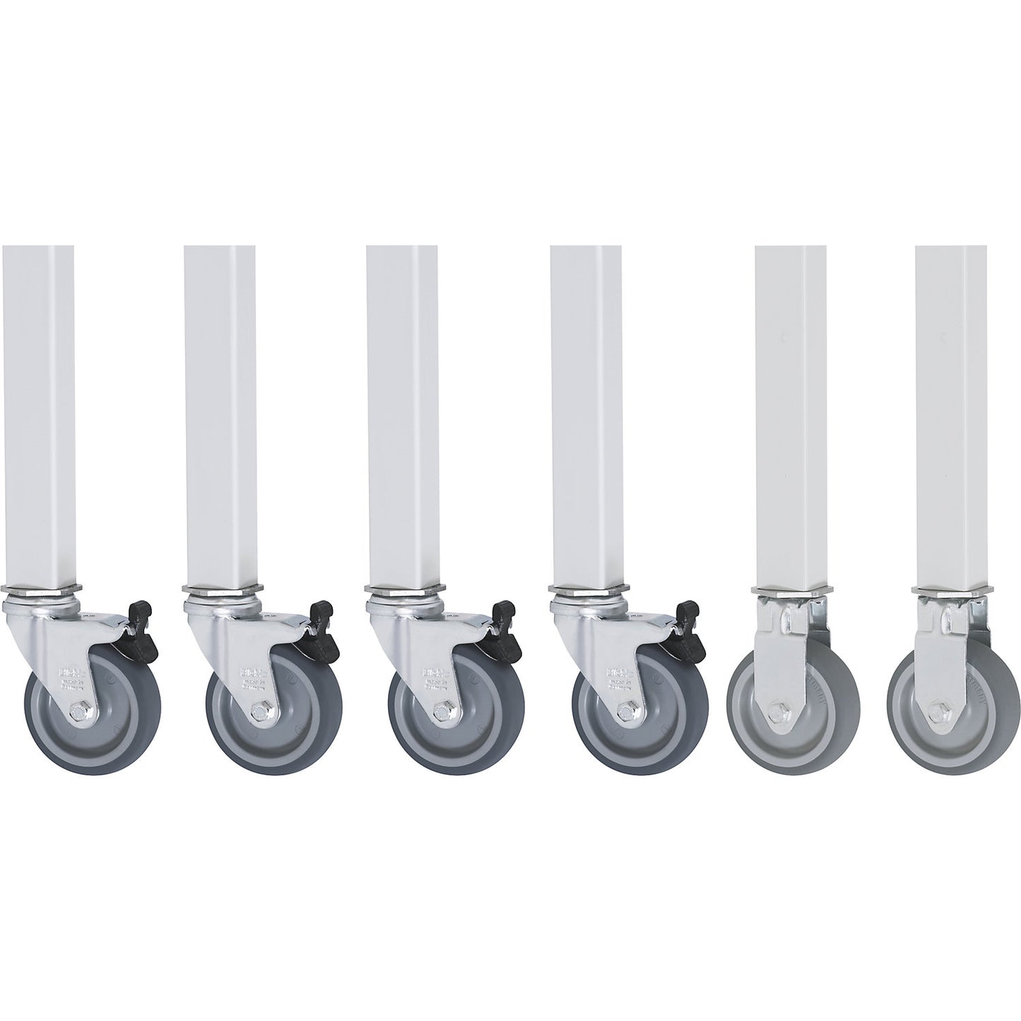 Set of castors, 6 piece, for standard/add-on table combination 30 x 30 mm, 2 fixed castors and 4 swivel castors with wheel stops.