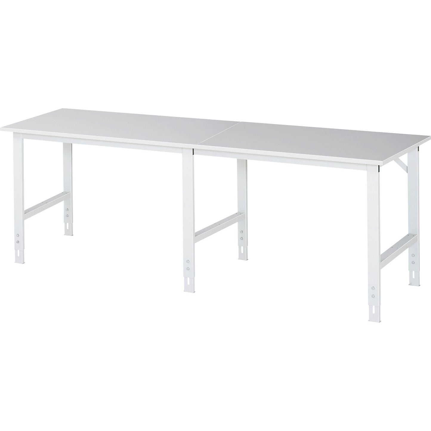 Work table, height adjustable, frame 60 x 30 mm, melamine coated panel, WxD 2500 x 800 mm, light grey.