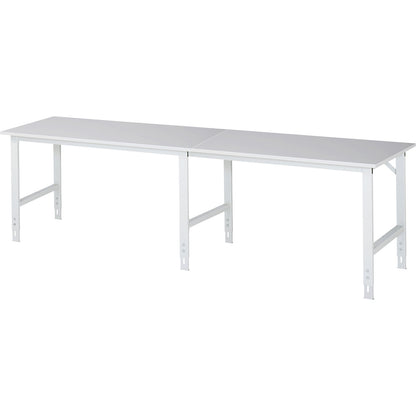 Work table, height adjustable, frame 60 x 30 mm, melamine coated panel, WxD 3000 x 800 mm, light grey.