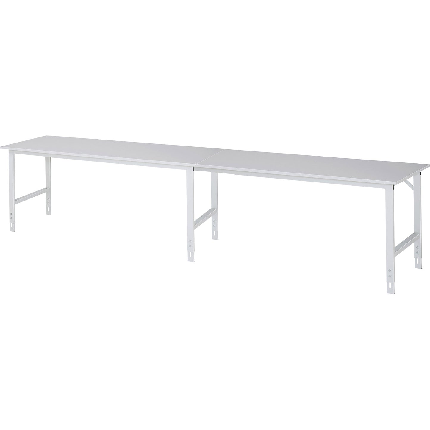 Work table, height adjustable, frame 60 x 30 mm, melamine coated panel, WxD 4000 x 800 mm, light grey.