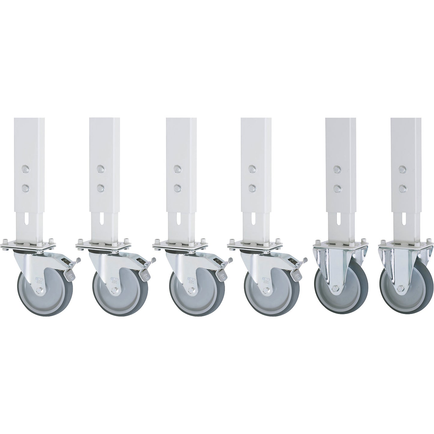 Set of castors, 6 piece, for standard/add-on table combination 60 x 30 mm, 2 fixed castors and 4 swivel castors with wheel stops.