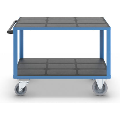 Assembly trolley, max. load 500 kg, 2 shelves, with centre stop, platform 1250 x 800 mm, light blue.