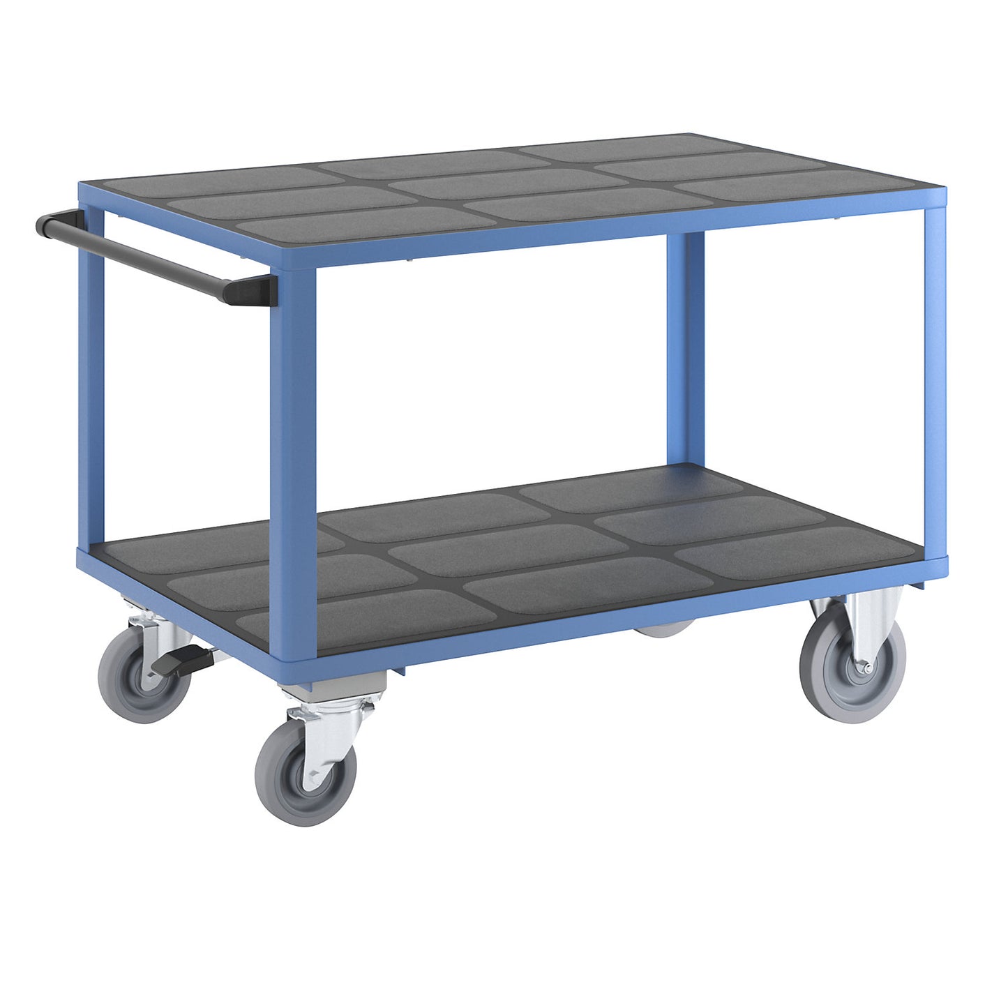 Assembly trolley, max. load 500 kg, 2 shelves, with centre stop, platform 1250 x 800 mm, light blue.