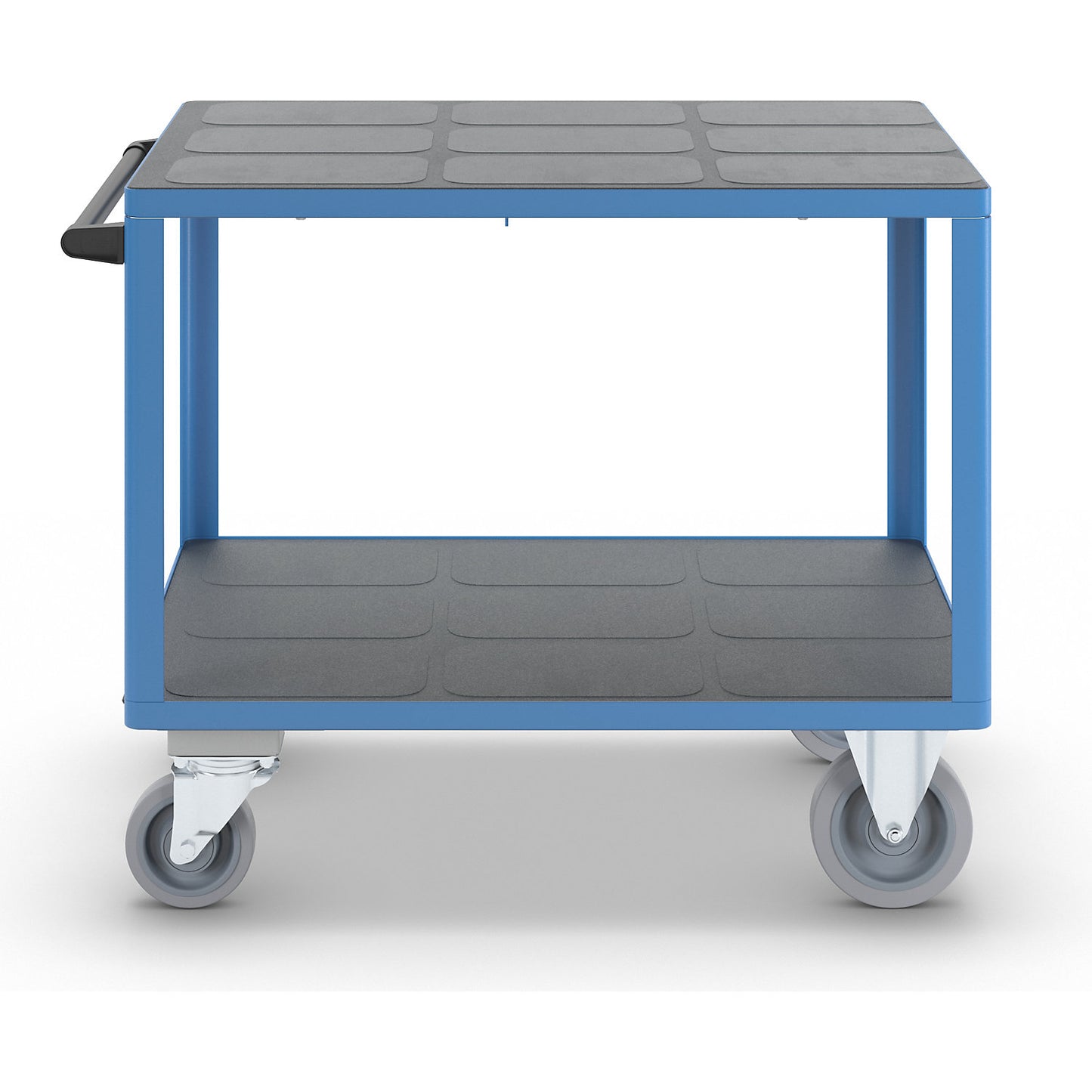 Assembly trolley, max. load 500 kg, 2 shelves, with centre stop, platform 1050 x 700 mm, light blue.