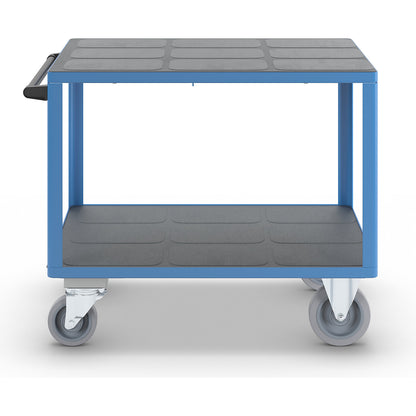 Assembly trolley, max. load 500 kg, 2 shelves, with centre stop, platform 1050 x 700 mm, light blue.