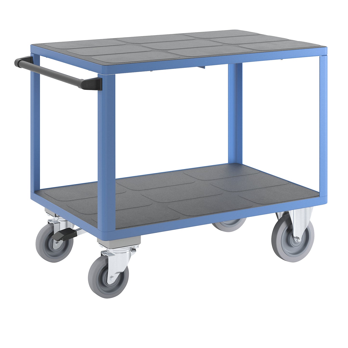 Assembly trolley, max. load 500 kg, 2 shelves, with centre stop, platform 1050 x 700 mm, light blue.
