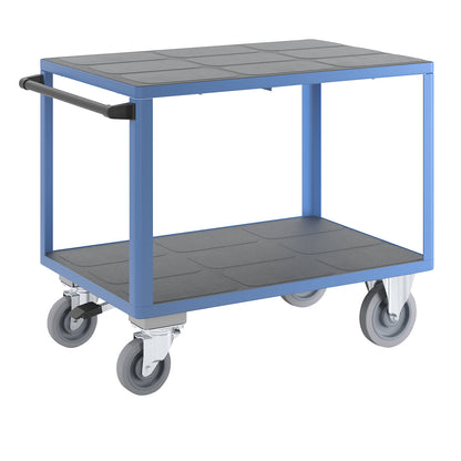 Assembly trolley, max. load 500 kg, 2 shelves, with centre stop, platform 1050 x 700 mm, light blue.