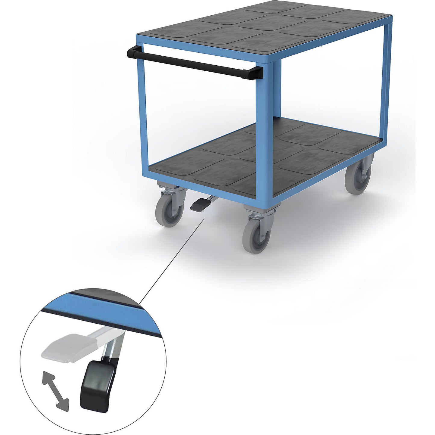 Assembly trolley, max. load 500 kg, 2 shelves, with centre stop, platform 1250 x 800 mm, light blue.