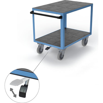 Assembly trolley, max. load 500 kg, 2 shelves, with centre stop, platform 1050 x 700 mm, light blue.