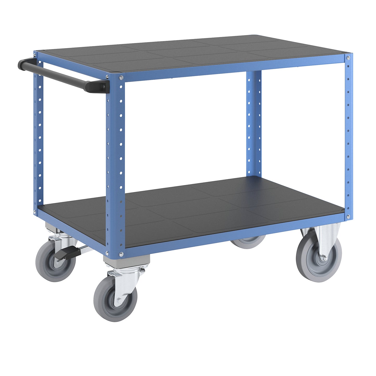 CustomLine assembly trolley, 2 levels, with centre stop, light blue.