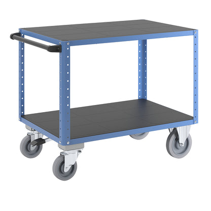 CustomLine assembly trolley, 2 levels, with centre stop, light blue.