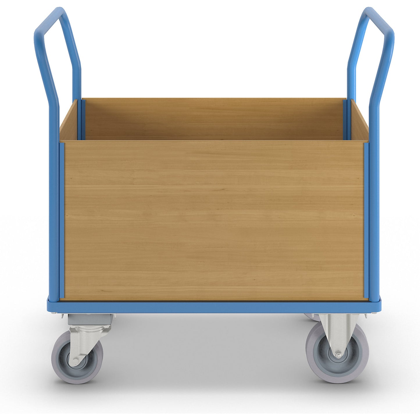 Platform truck with wooden panels, with 4 full height panels, centre stop, LxW 1150 x 700 mm, solid elastic.