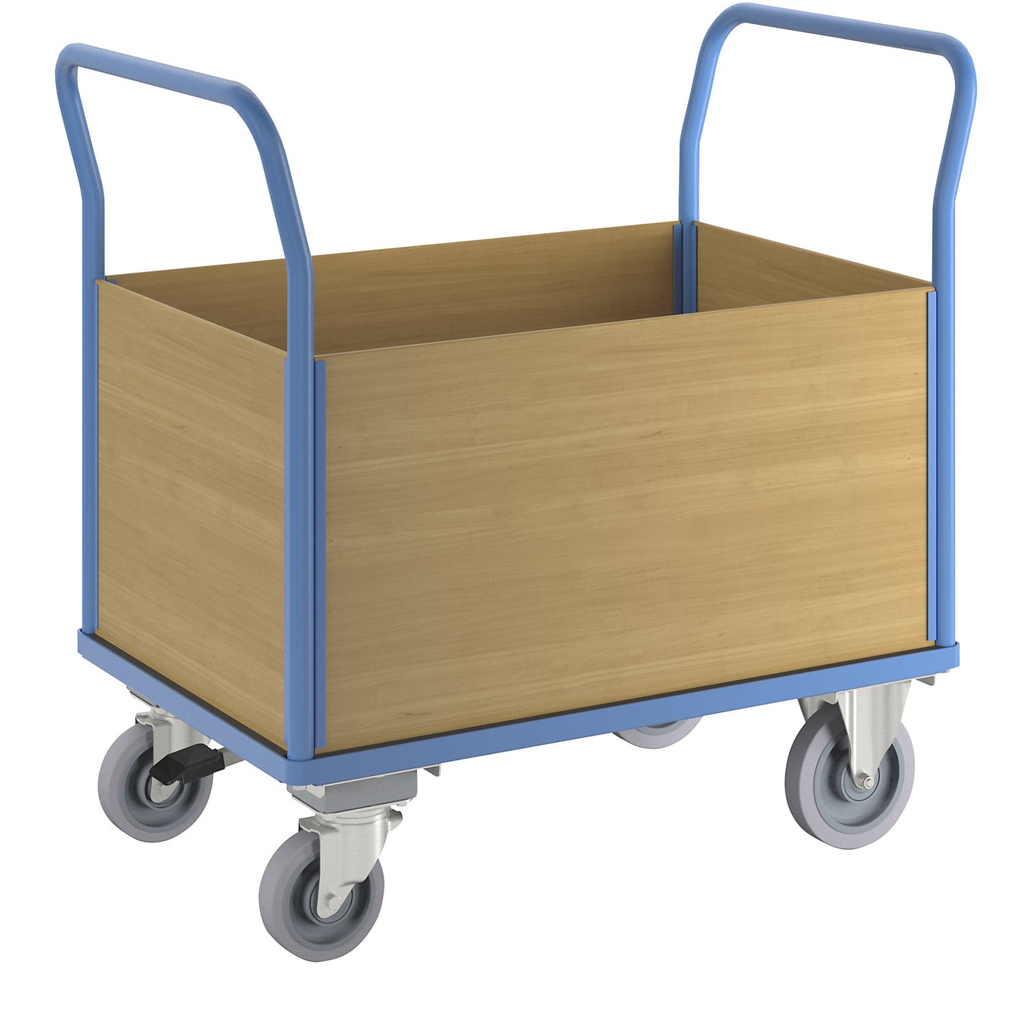 Platform truck with wooden panels, with 4 full height panels, centre stop, LxW 1150 x 700 mm, solid elastic.