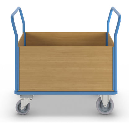 Platform truck with wooden panels, with 4 full height panels, centre stop, LxW 1300 x 800 mm, solid elastic.