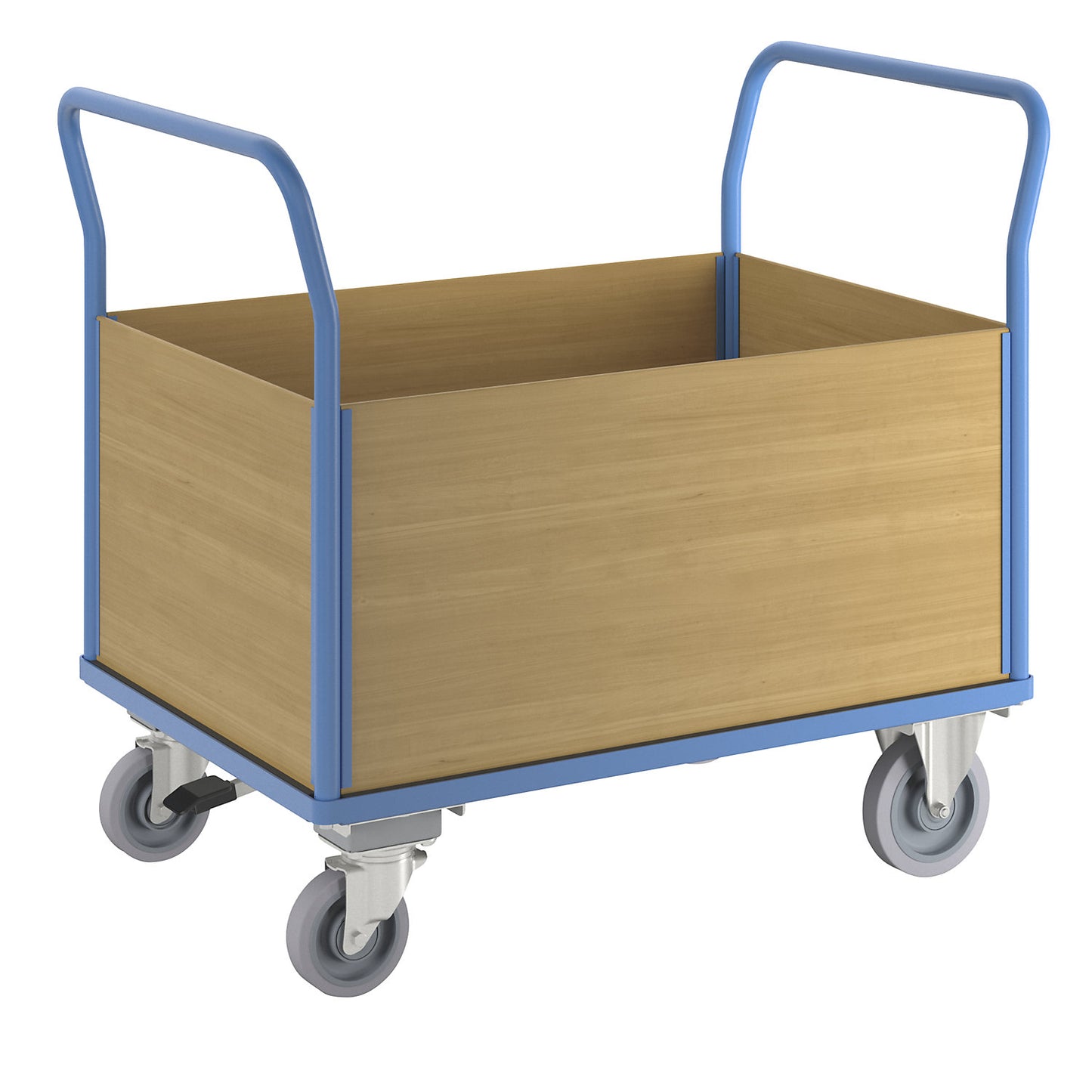 Platform truck with wooden panels, with 4 full height panels, centre stop, LxW 1300 x 800 mm, solid elastic.